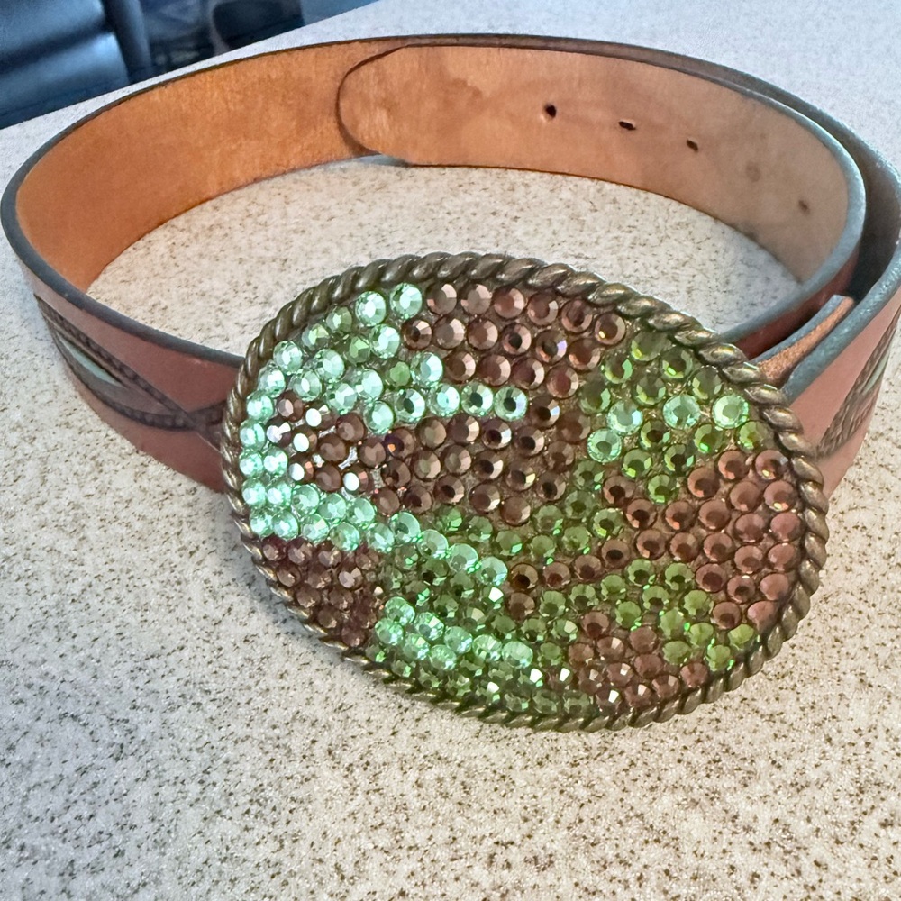 Western brown with turquoise colored inlay leather belt with rhinestone buckle.
